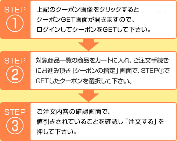 STEP1:上記のクーポン画像またはURLをクリックするとクーポンGET画面が開きますので、ログインしてクーポンをGETして下さい。/STEP2:商品をカートに入れ、ご注文手続きにお進み頂き、「クーポンの指定」画面で、STEP1でGETしたクーポンを選択して下さい。/STEP3:ご注文内容の確認画面で、値引きされていることを確認し「注文する」を押して下さい。